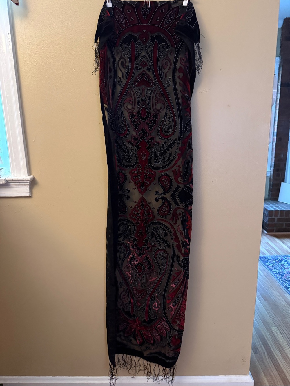 Women's Long Paisley Burnout Velvet Fringe Dress Scarf — Black & Burgundy